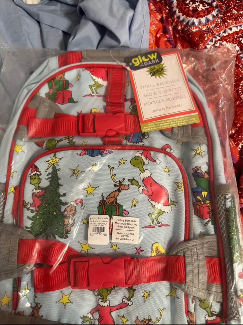 Pottery Barn Kids Red & Light Blue Grinch Glow-in-the-Dark Small Backpack